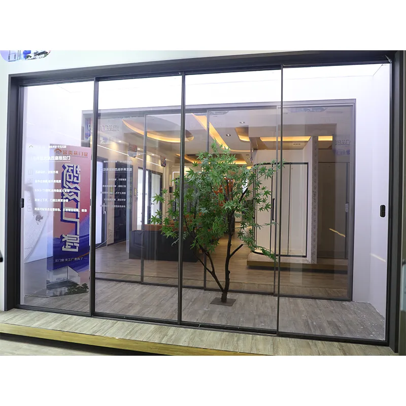 Arc-shaped, borderless, double-track, four-panel sliding door view 8