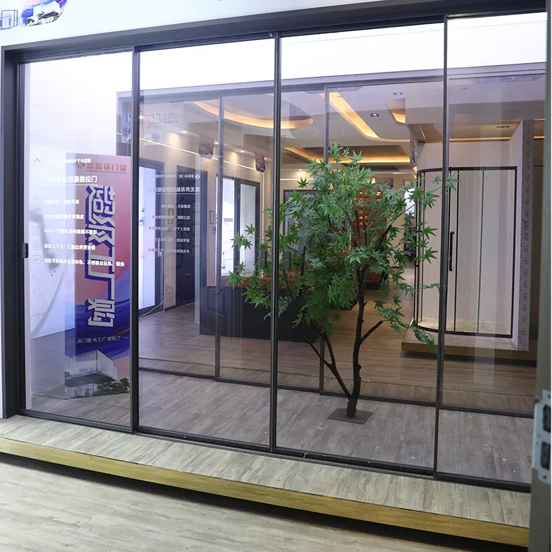 Arc-shaped, borderless, double-track, four-panel sliding door