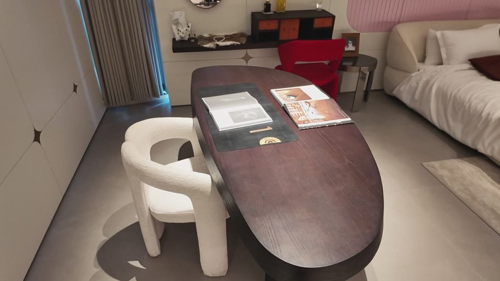 Curved Desk and Storage in a Pink Bedroom