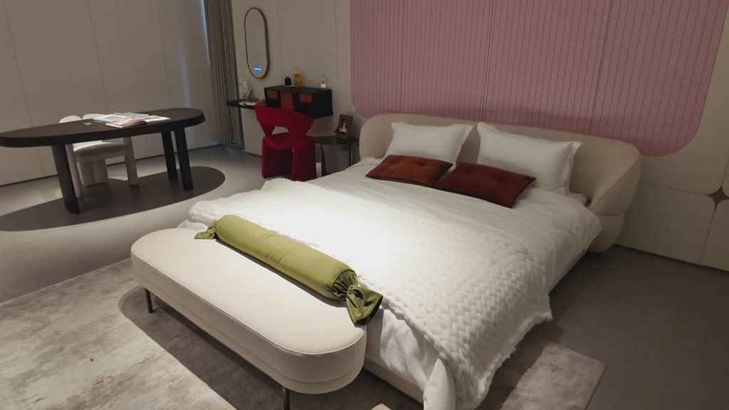 Pink Bedroom with Integrated Wardrobe Wall