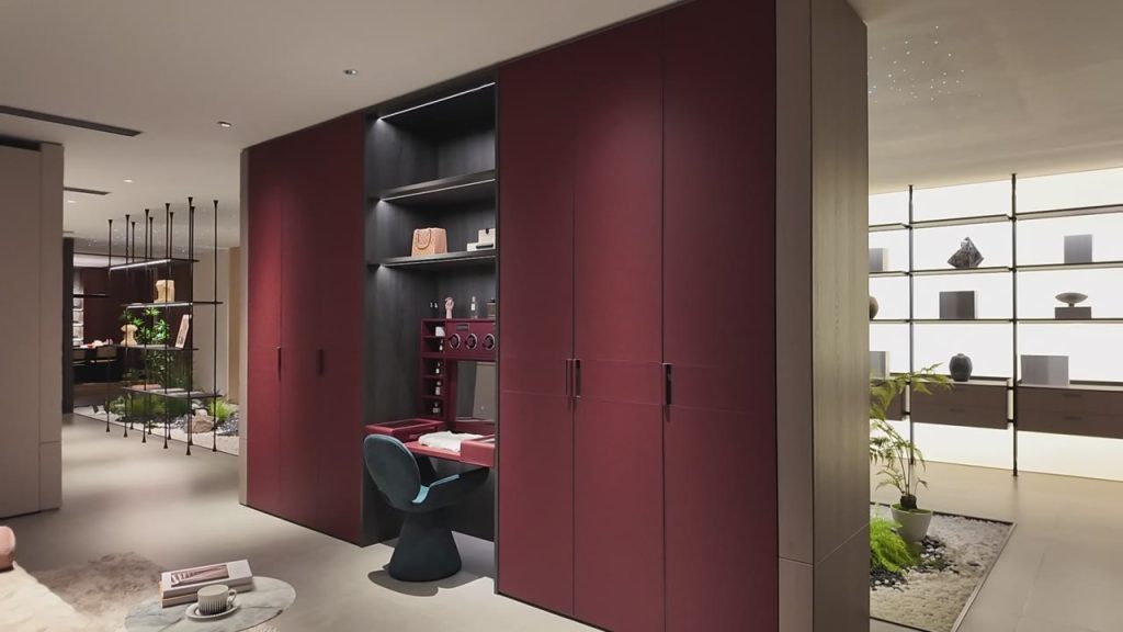 Burgundy Cabinetry with Open Display Shelves